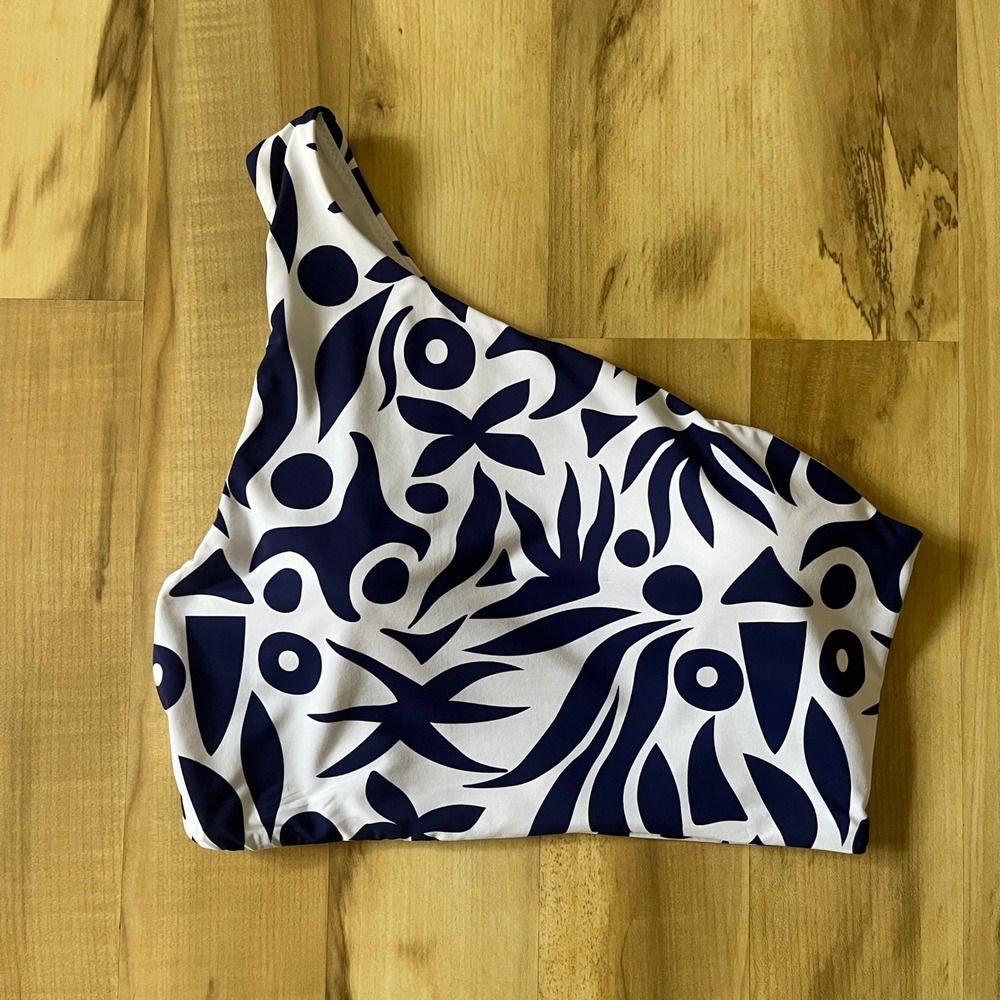 Baltic Born Bali One Shoulder Bikini Top Women's Large White Navy Blue Tropical